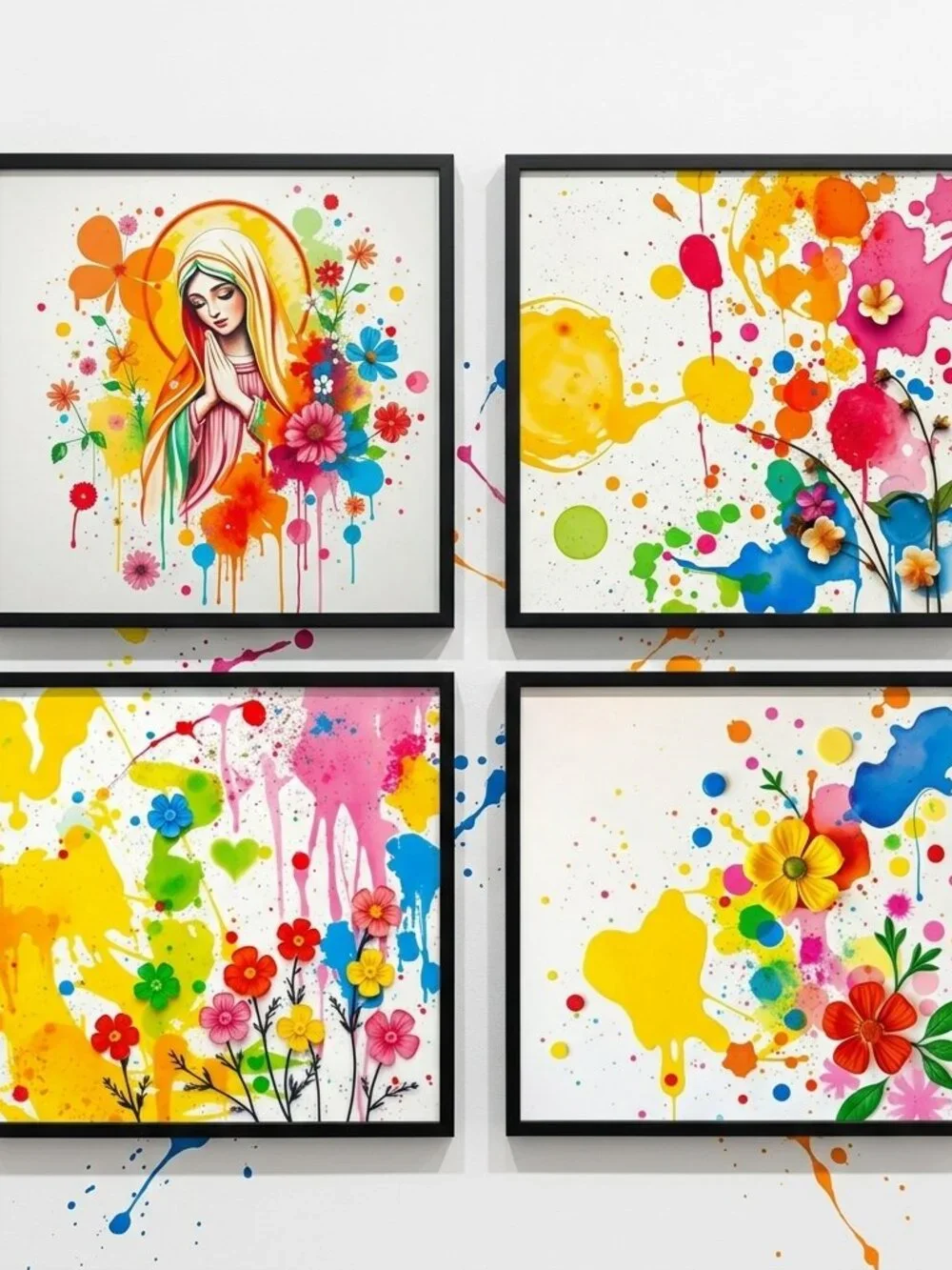 Set of 4 Floral & Spiritual Abstract Art Prints – Vibrant Paint Splatter Decor